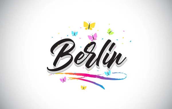 Testo vettoriale scritto a mano di Berlino con farfalle e colorfu — Vettoriale Stock