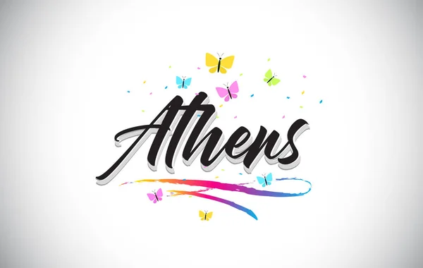 Athény v rukou vektorový Text slovo s motýly a barevné — Stockový vektor