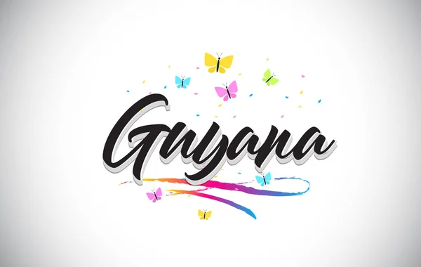 Guyana Texto de la palabra vectorial manuscrita con mariposas y colorfu — Vector de stock