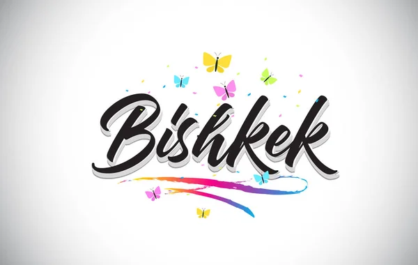 Bishkek handskrivna vektor Word Text med fjärilar och färgglada — Stock vektor
