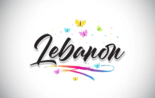 Libanon handskrivna vektor Word Text med fjärilar och färgglada — Stock vektor