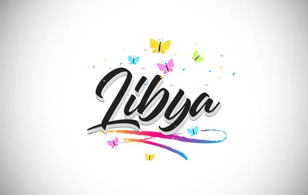 Libyen handskrivna vektor Word Text med fjärilar och färgglada — Stock vektor