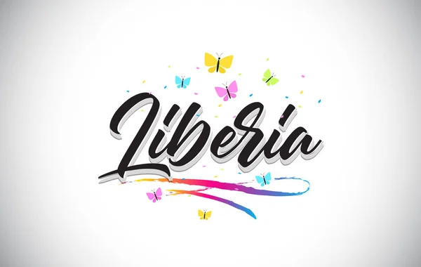 Liberia Texto de palabra vectorial manuscrito con mariposas y colorf — Vector de stock