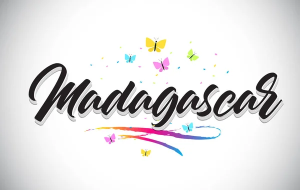 Madagascar Texto manuscrito de la palabra vectorial con mariposas y Col — Vector de stock