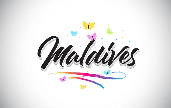 Maldiverna handskrivna vektor Word Text med fjärilar och färg — Stock vektor