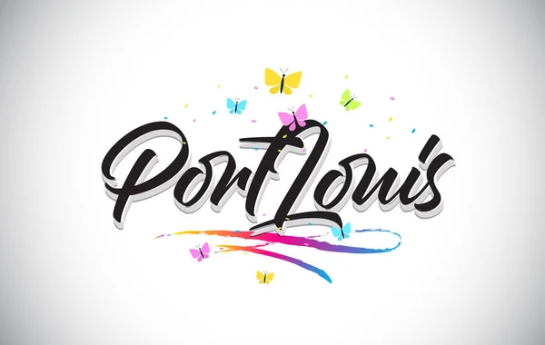 PortLouis Texto manuscrito de palabras vectoriales con mariposas y colores — Vector de stock