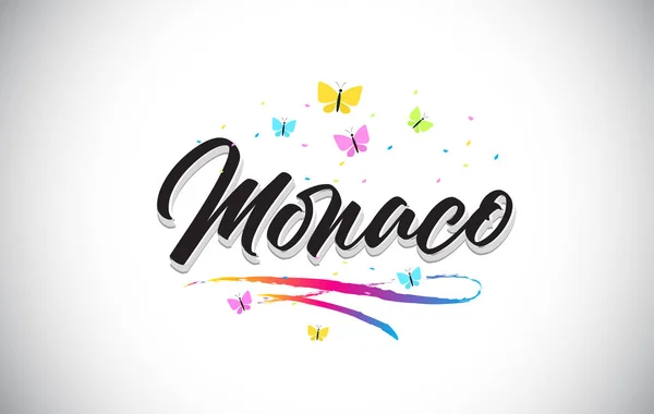 Monaco handskrivna vektor Word Text med fjärilar och färgst — Stock vektor