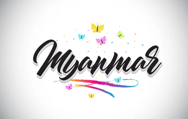 Myanmar handskrivna vektor Word Text med fjärilar och färgglada — Stock vektor