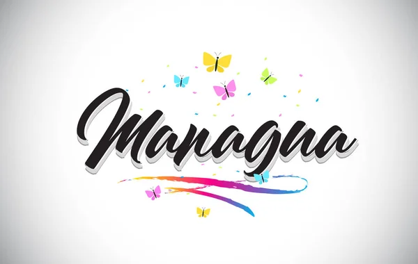 Managua handskrivna vektor Word Text med fjärilar och färgglada — Stock vektor