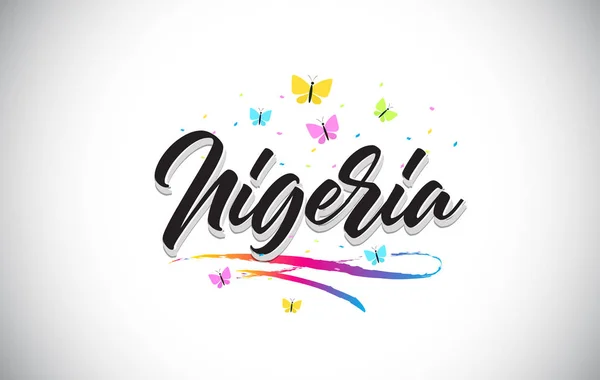 Nigeria handskrivna vektor Word Text med fjärilar och färgglada — Stock vektor