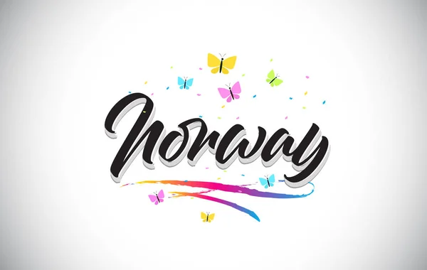 Norwegen handgeschriebener Vektor-Worttext mit Schmetterlingen und colorfu — Stockvektor