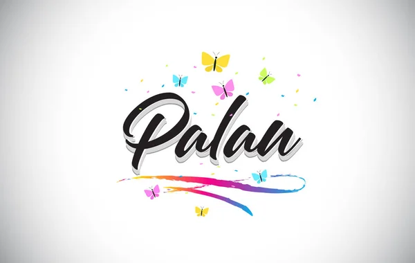 Palau Texto manuscrito de palabra vectorial con mariposas y colorido — Vector de stock