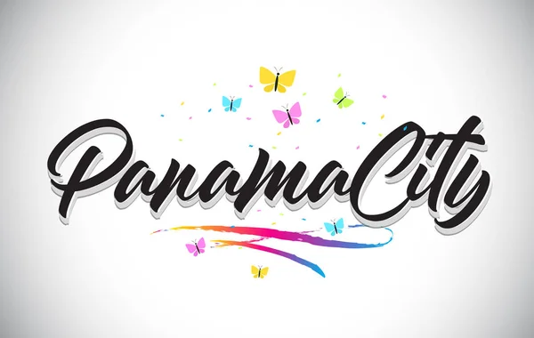 PanamaCity Texto de Palabra de Vector Escrito a Mano con Mariposas y Col — Archivo Imágenes Vectoriales