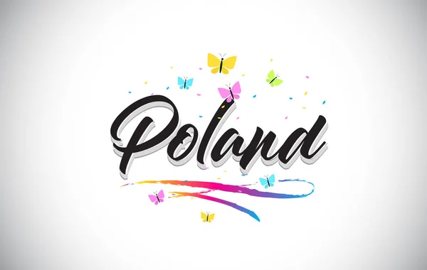 Poland Handwritten Vector Word Text with Butterflies and Colorfu — Stock Vector