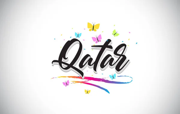 Qatar Texto de la palabra vectorial manuscrita con mariposas y colorido — Archivo Imágenes Vectoriales