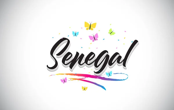 Senegal handskrivna vektor Word Text med fjärilar och färgglada — Stock vektor