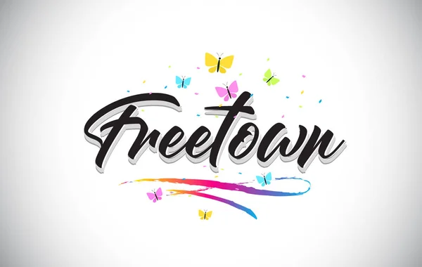 Freetown Texto de palabra vectorial manuscrito con mariposas y color — Vector de stock