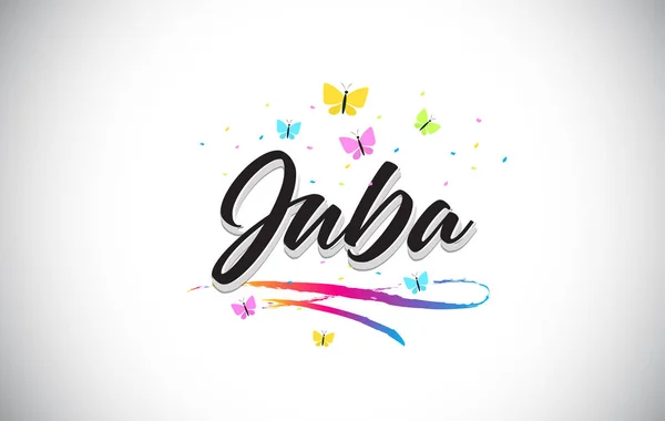 Juba Texto de palabra vectorial manuscrito con mariposas y colorido — Vector de stock