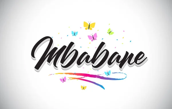 Mbabane Texto de palabra vectorial manuscrito con mariposas y colorf — Vector de stock