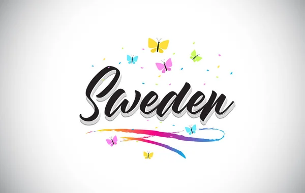 Svezia Testo vettoriale scritto a mano con farfalle e colorfu — Vettoriale Stock