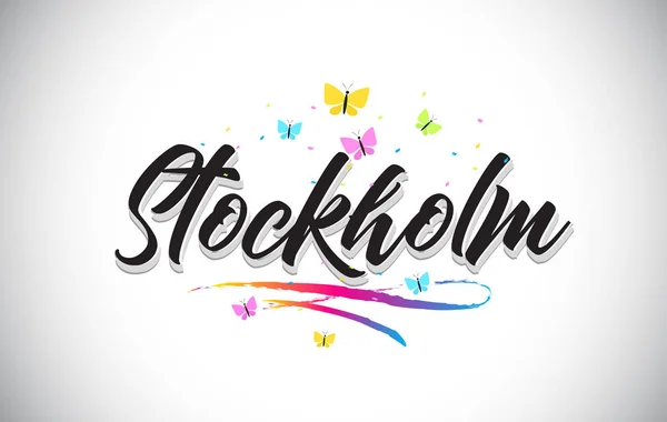 Stockholm handgeschriebener Vektor-Worttext mit Schmetterlingen und Colo — Stockvektor