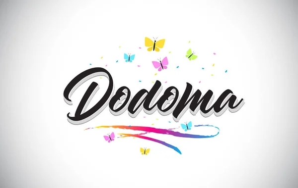 Dodoma Texto de palabra vectorial manuscrito con mariposas y colorfu — Vector de stock