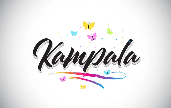 Kampala handskrivna vektor Word Text med fjärilar och färgglada — Stock vektor