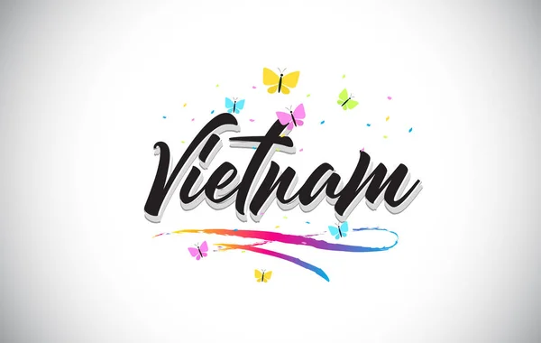 Vietnam handskrivna vektor Word Text med fjärilar och färgglada — Stock vektor