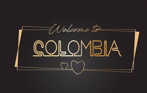 Colombia Bienvenido al texto dorado Neón Letras Tipografía Vector — Vector de stock