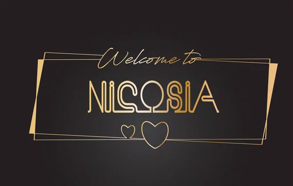 Nicosia Bienvenido al texto dorado Neon Lettering Typography Vector — Vector de stock