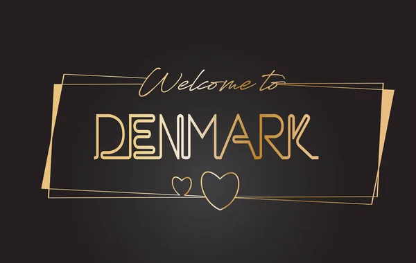 Dinamarca Bienvenido al texto dorado Neon Lettering Typography Vector — Vector de stock