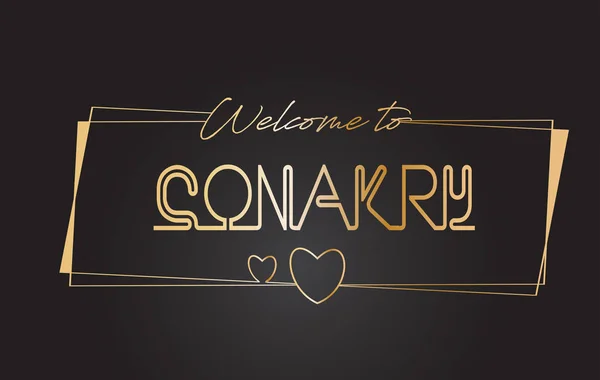 Conakry Bienvenido al texto dorado Neon Lettering Typography Vector — Vector de stock