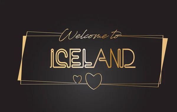 Islanda Benvenuti nel testo d'oro Neon Lettering Typography Vector — Vettoriale Stock