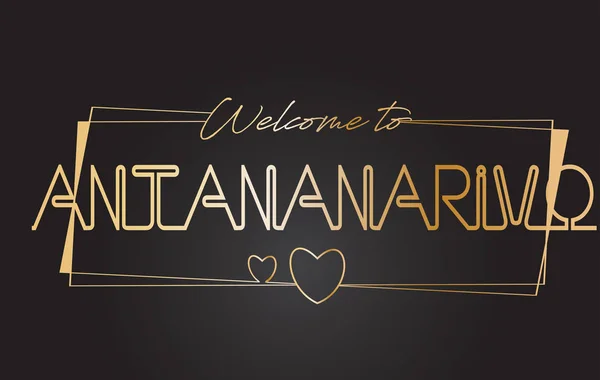 Antananarivo Bienvenido al texto dorado Neon Lettering Typography Ve — Vector de stock