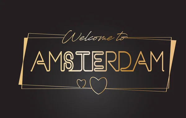 Amsterdam Vítejte ve zlatém textu neonové písmo typografie Vecto — Stockový vektor