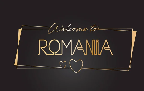 Rumania Bienvenido a Golden text Neon Lettering Tipografía Vector — Vector de stock