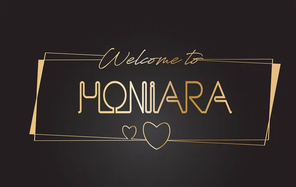 Honiara Bienvenido al texto dorado Neon Lettering Typography Vector — Vector de stock