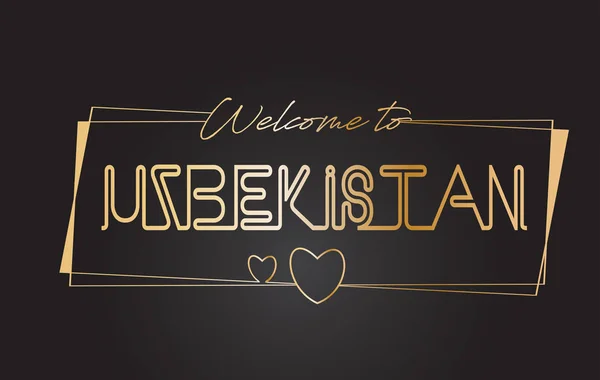 Uzbequistão Bem-vindo ao texto dourado Neon Lettering Typography Vect — Vetor de Stock
