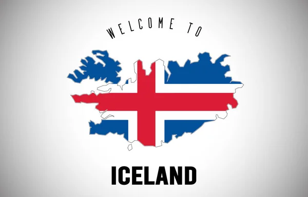 Islândia Bem-vindo ao texto e bandeira do país dentro da fronteira do país M — Vetor de Stock