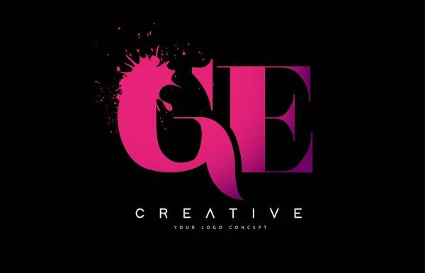 Logo rosa porpora GE G E lettera Design con inchiostro Acquerello Splash — Vettoriale Stock