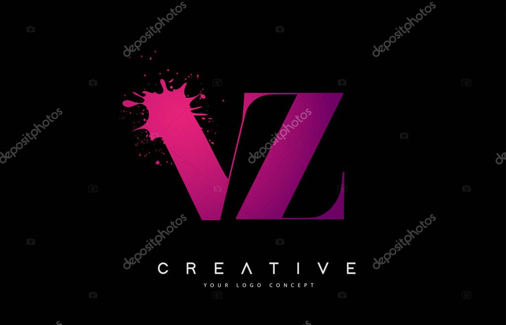 Purple Pink VZ V Z Letter Logo Design with Ink Watercolor Splash Spill Vector Illustration.