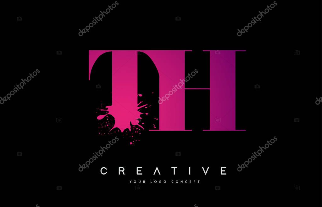 Purple Pink TH T H Letter Logo Design with Ink Watercolor Splash Spill Vector Illustration.
