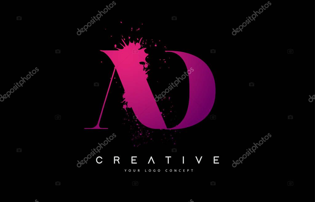 Purple Pink AD A D Letter Logo Design with Ink Watercolor Splash Spill Vector Illustration.