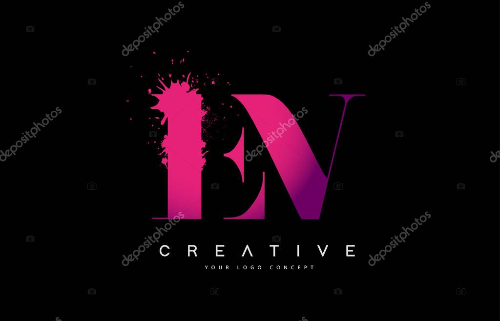 Purple Pink EV E V Letter Logo Design with Black Ink Watercolor Splash Spill Vector Illustration.