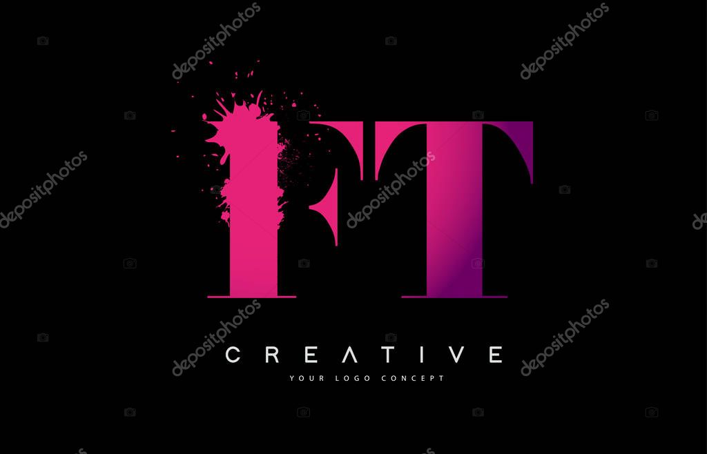 Purple Pink FT F T Letter Logo Design with Ink Watercolor Splash Spill Vector Illustration.