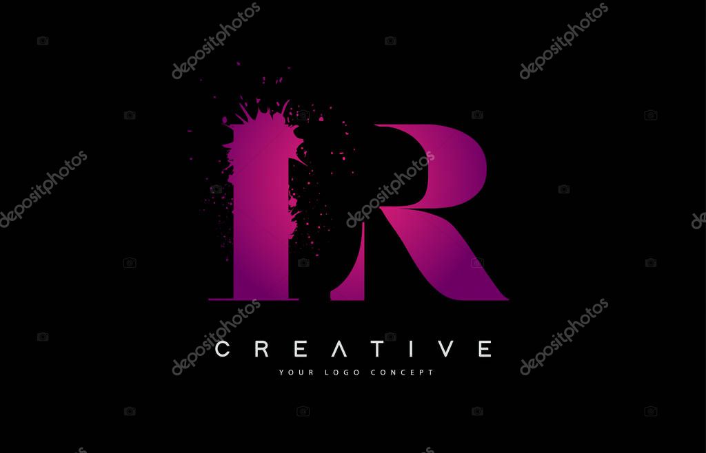 Purple Pink LR L R Letter Logo Design with Ink Watercolor Splash Spill Vector Illustration.