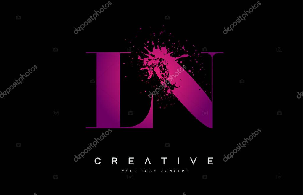 Purple Pink  LN L N Letter Logo Design with Ink Watercolor Splash Spill Vector Illustration.