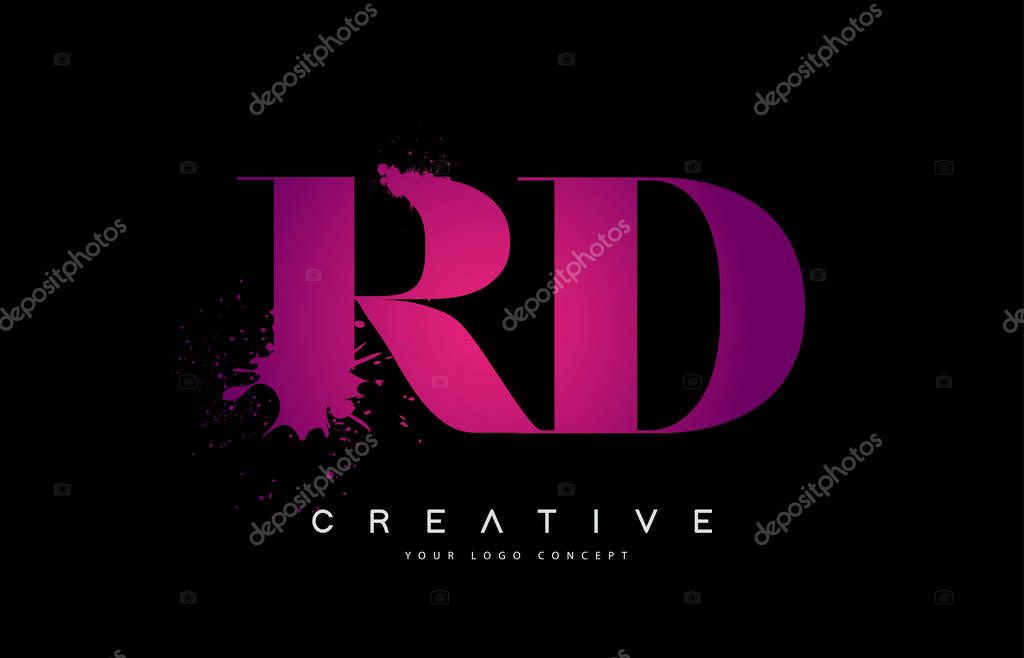 Purple Pink RD R D Letter Logo Design with Ink Watercolor Splash Spill Vector Illustration.