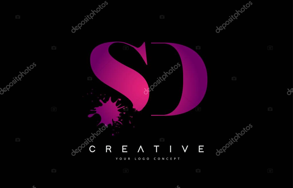 Purple Pink SD S D Letter Logo Design with Ink Watercolor Splash Spill Vector Illustration.