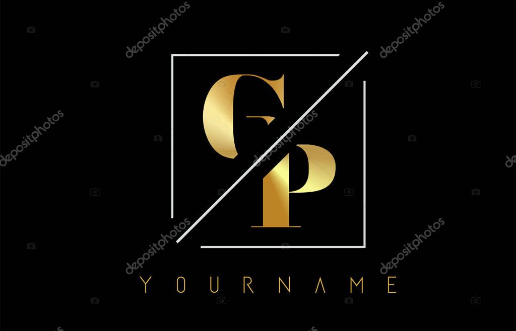 GP Golden Letter Logo with Cutted and Intersected Design and Square Frame Vector Illustration